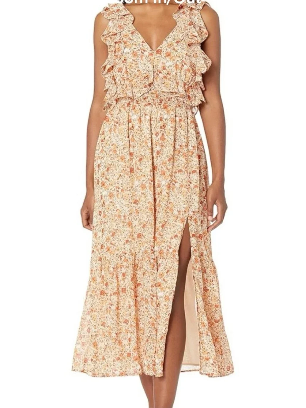 ASTR The Label Floral Midi Dress Orange Ruffle Open Back Tie Dress Size S